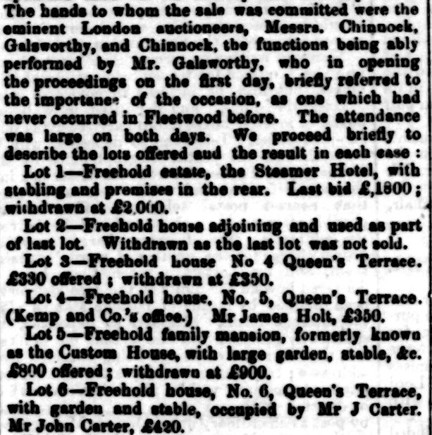 Lots 1-6 of the sale of properties by the estate of the late Sir Peter Hesketh Fleetwood, Fleetwood Chronicle, 4th February 1870