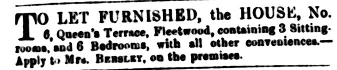 Mrs. Beesley's lodging house available to let, 21st of March 1862.