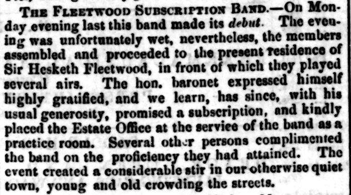The Fleetwood Subscription Band play on Queen's Terrace Fleetwood Chronicle 6 Sep 1861